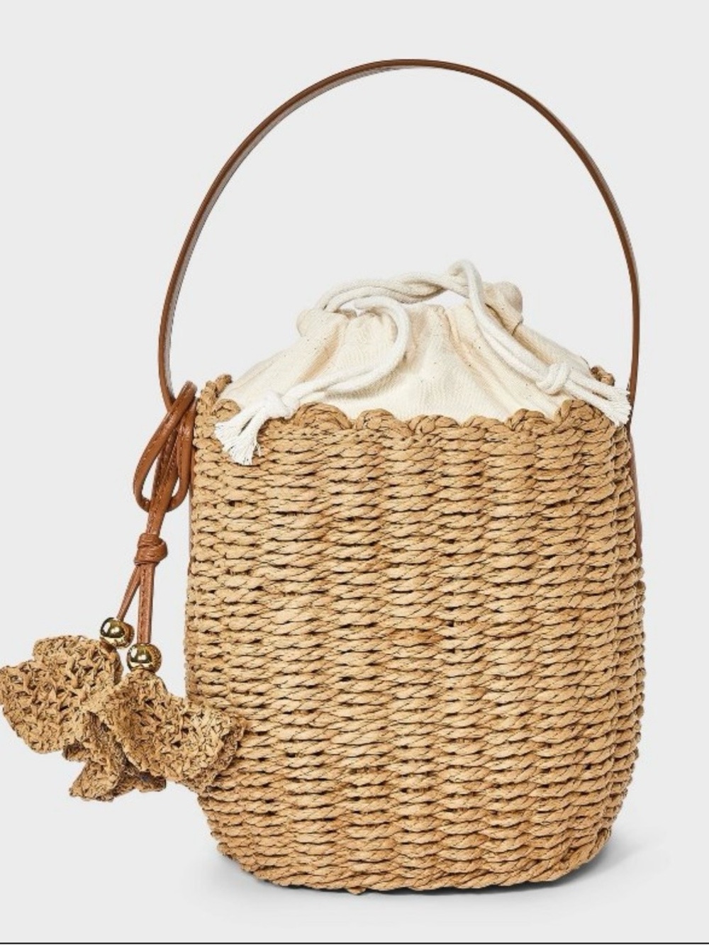 Woven Straw Bucket Bag with Cream Drawstring & Crab Charm
